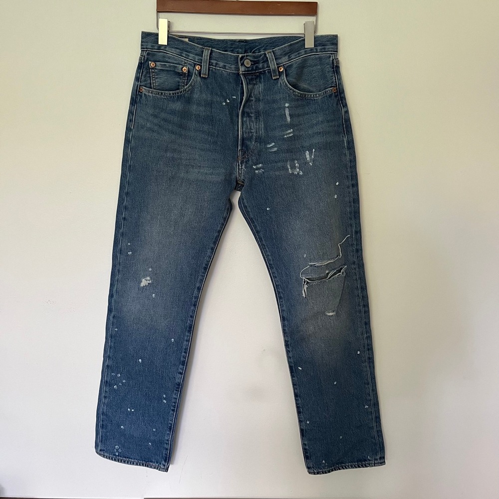 Levis Premium 501 93 Straight Leg Jeans Blue Paint Splatter Distressed 34x32